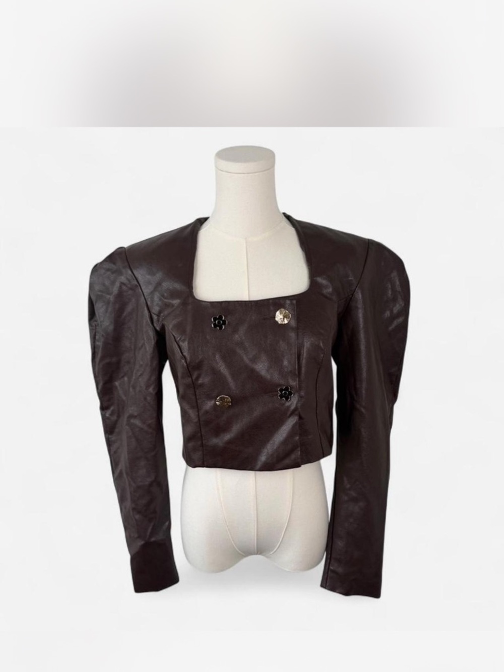 Dark Brown Faux Leather Cropped Double-Breasted Jacket
